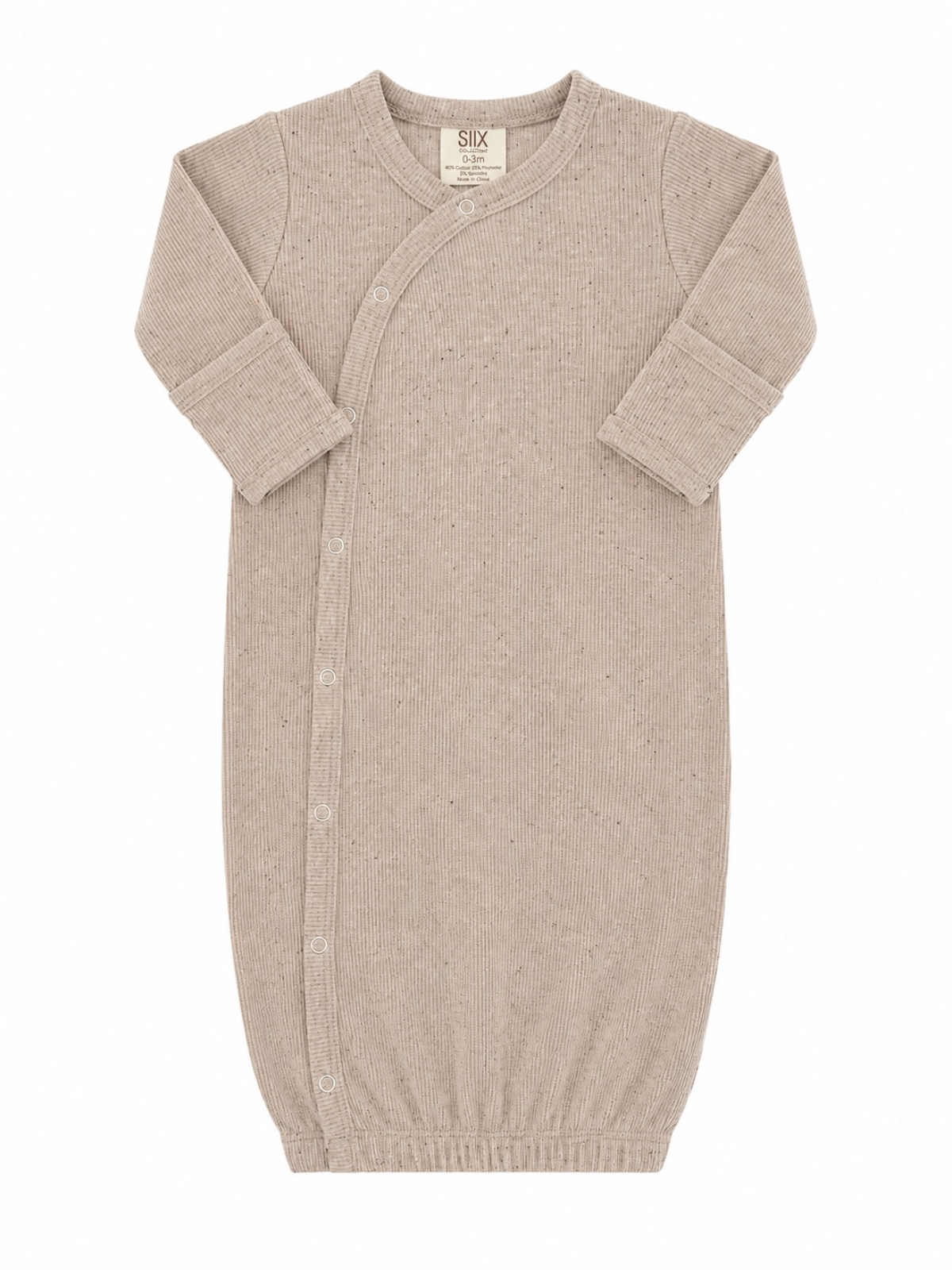 Tan speckle knotted baby gown laid flat