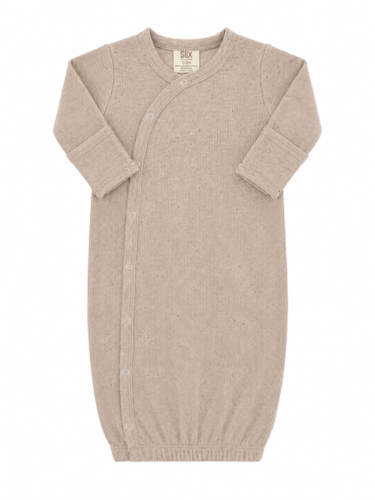 Tan speckle knotted baby gown laid flat