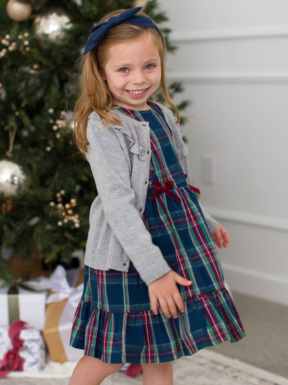 Girls Winter Nights Plaid Ruffle Bow Dress