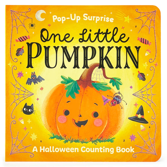 Front cover of the Cottage Door Press One Little Pumpkin pop-up surprise Halloween counting book with a smiling jack-o-lantern