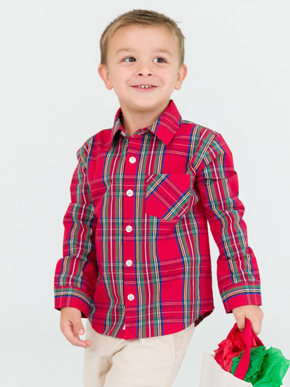 Boys Tis The Season Plaid Long Sleeve Button Down Shirt