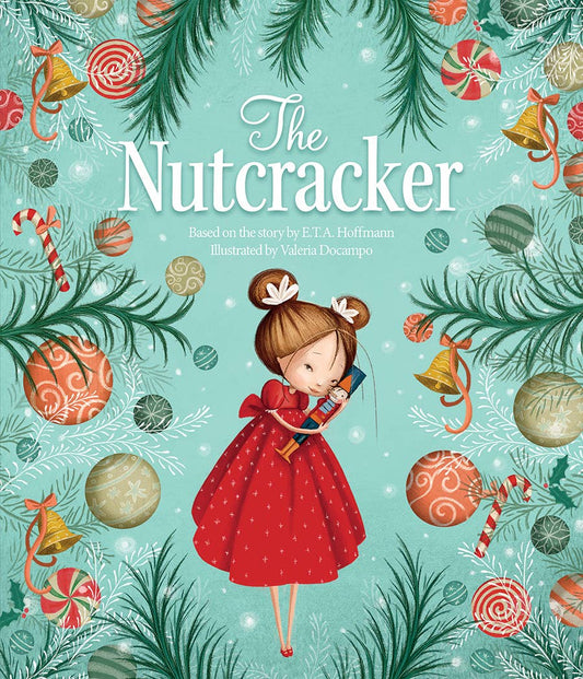 Front cover of the Cottage Door Press large hardcover The Nutcracker classic Christmas picture book with Clara in a red dress