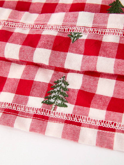Christmas Tree Embroidered Plaid Girls Ruffle Collar Dress