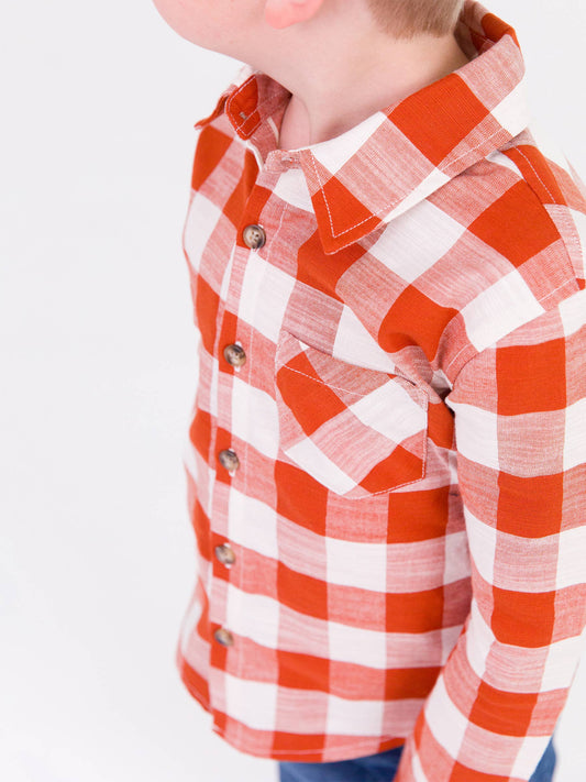 Rust Plaid Long Sleeve Button Down Shirt