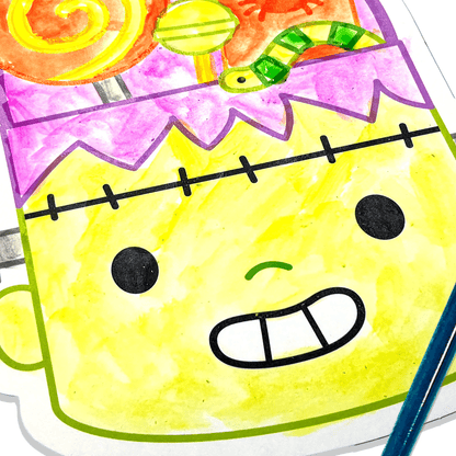 Close view of a finished Frankenstein watercolour card from the Playful Painters Halloween kit