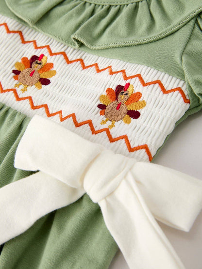 Green Turkey Embroidered Smocked Baby Girl Romper