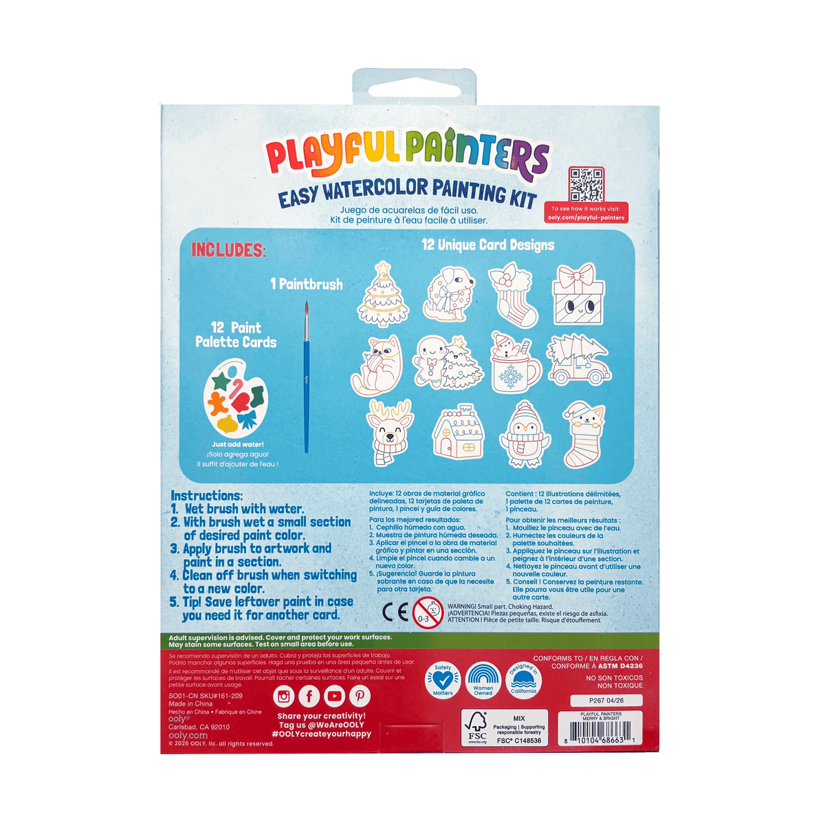 Back of the Playful Painters Merry & Bright kit box showing contents and age guidance