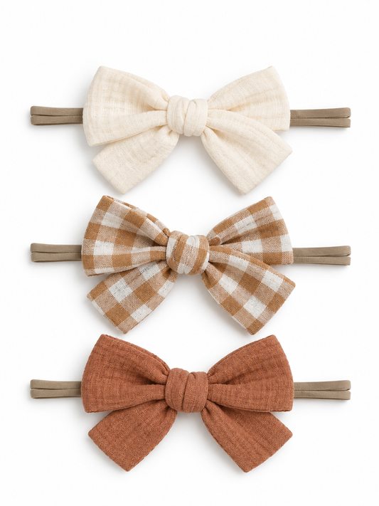 SpearmintLOVE 3-Pack Nylon Bows in Autumn with cream, tan gingham and rust bows on nylon bands
