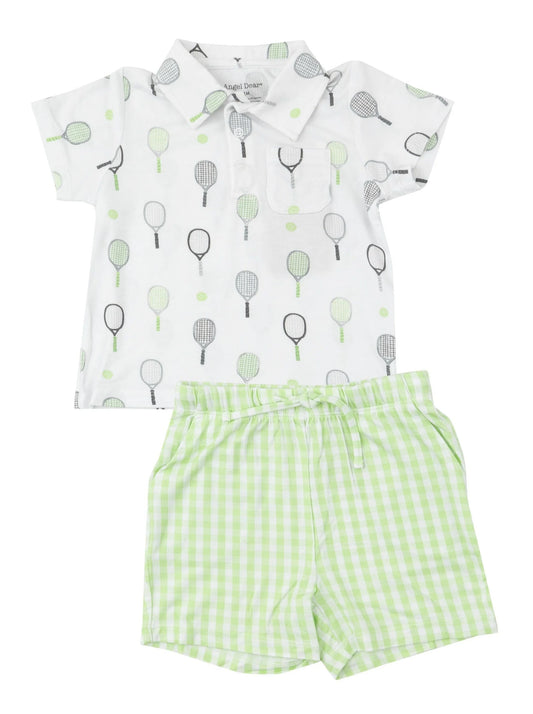 Tennis Polo Short And Shirt Set, Mini Gingham Green