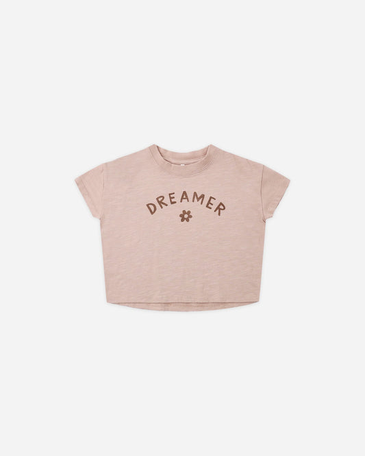 Rylee + Cru boxy tee in blush with Dreamer lettering and a small flower, flat lay front view