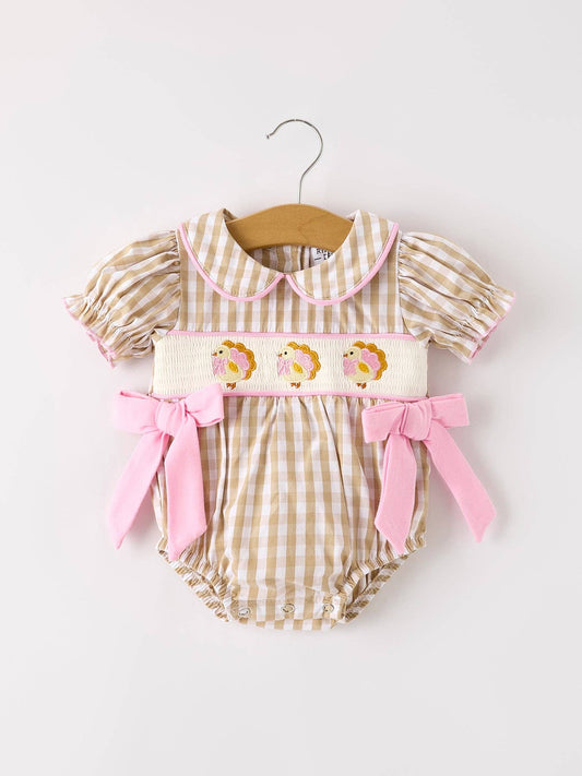 Plaid Turkey Embroidered Smocked Baby Girl Romper