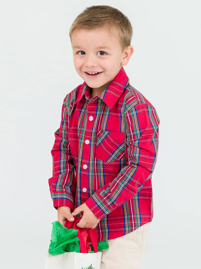 Boys Tis The Season Plaid Long Sleeve Button Down Shirt