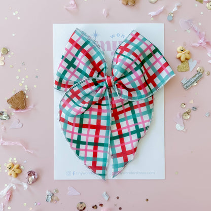Pink and Mint Plaid hair bow