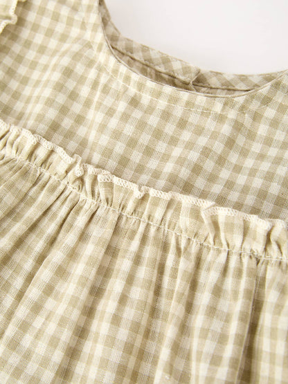 Gingham Baby Romper with Long Sleeve Puff Design