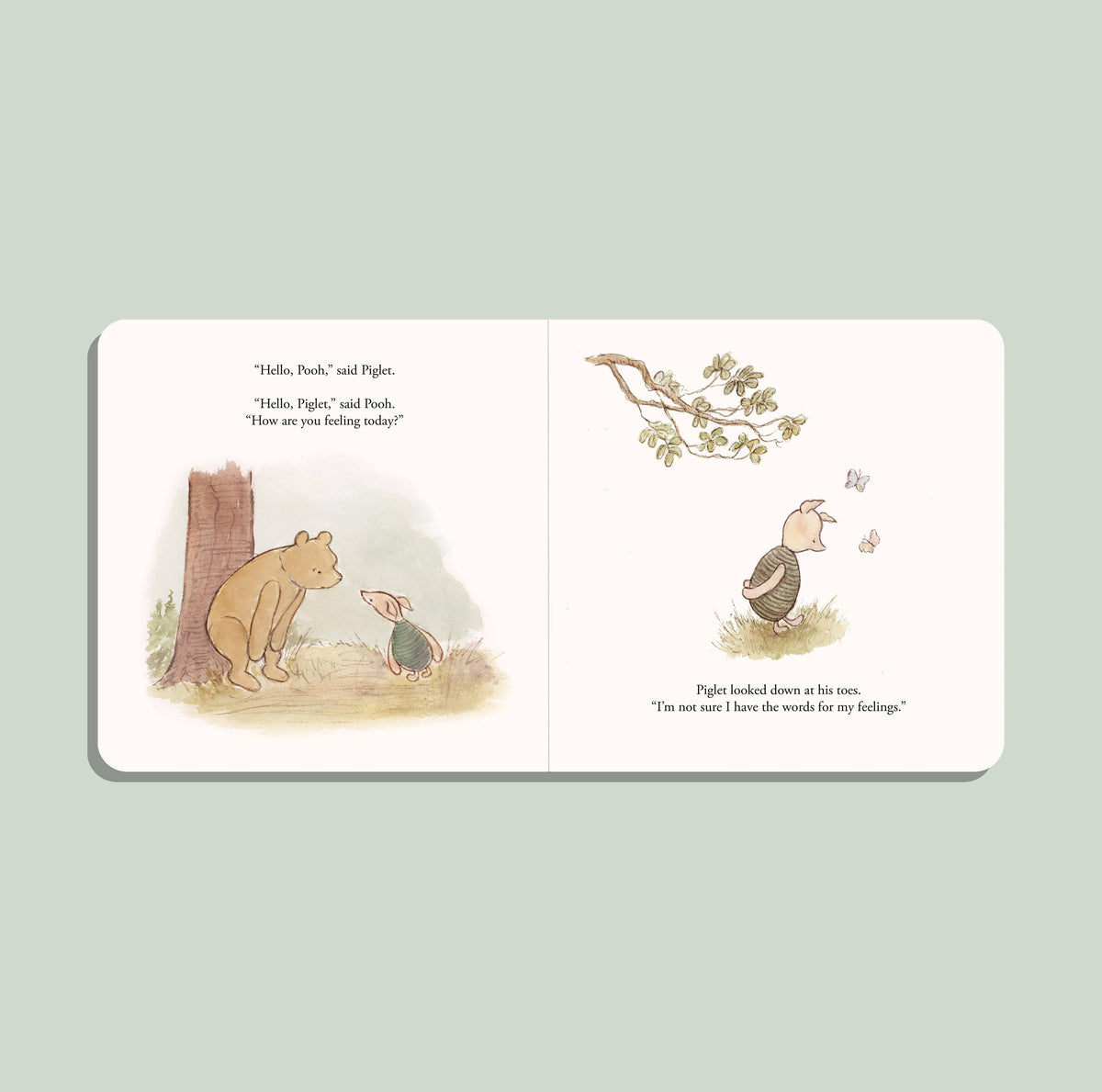 Inside spread where Pooh asks Piglet how he is feeling today