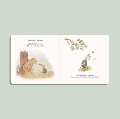 Inside spread where Pooh asks Piglet how he is feeling today