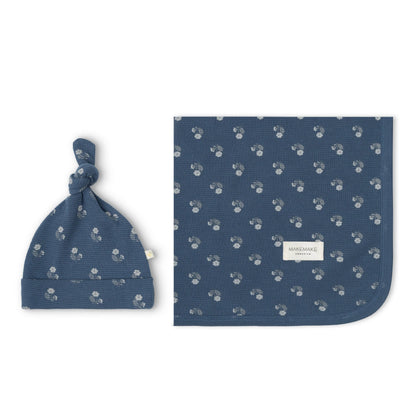 Organic Swaddle Blanket & Hat Set - Indigo Blossom