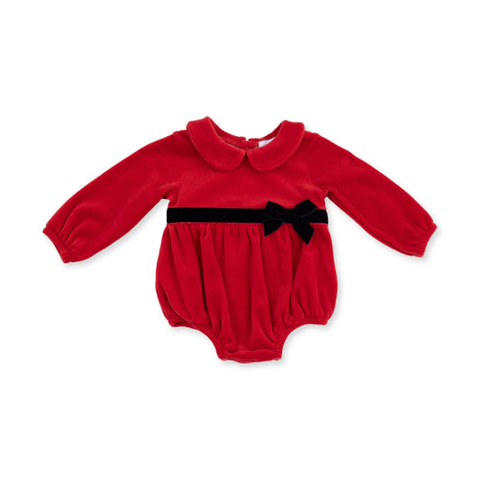 Angel Dear Velour Holiday Red velour bubble with Peter Pan collar and a black bow at the waist
