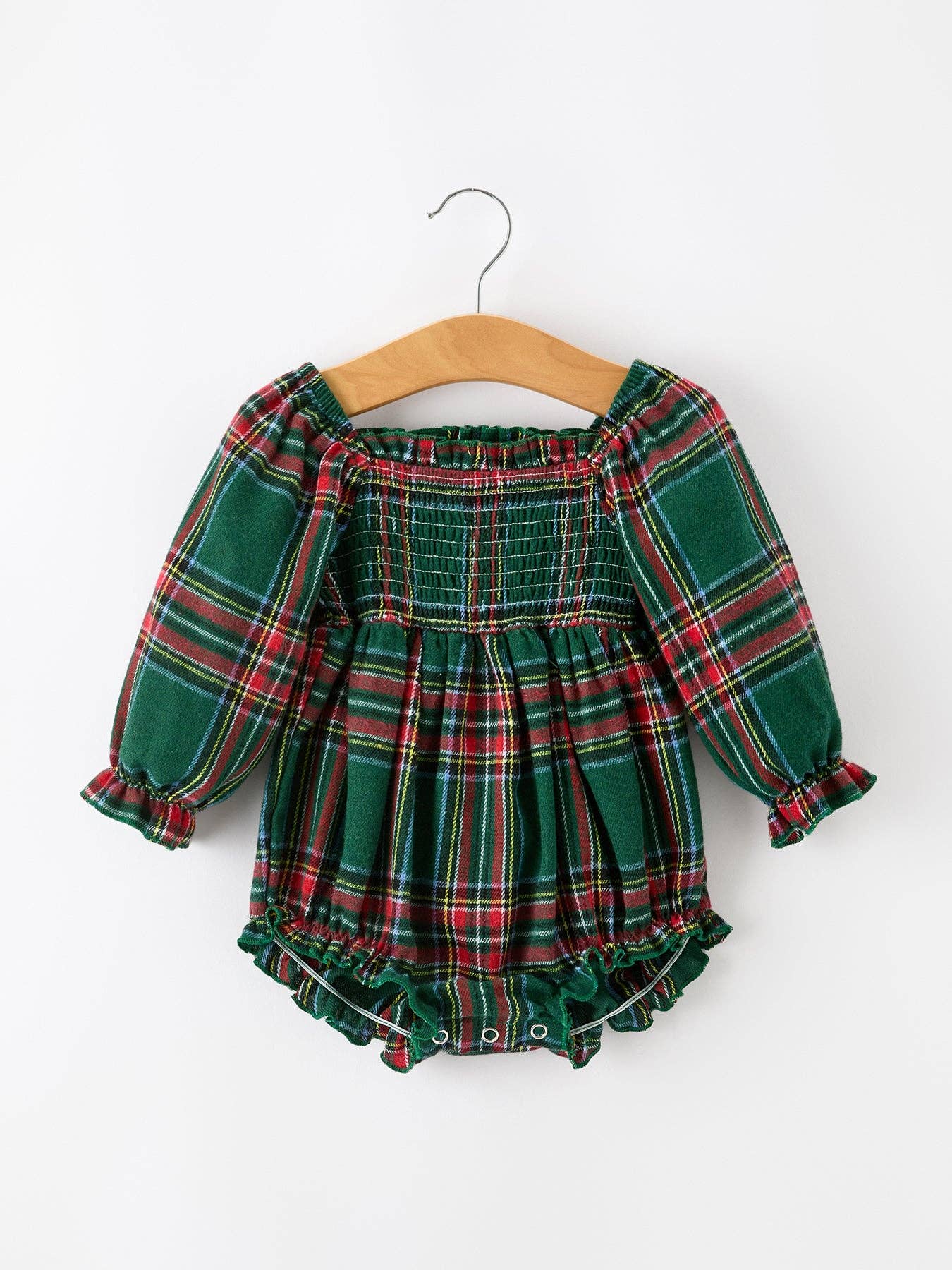Christmas Plaid Smocked Bubble Romper with Ruffle Detail