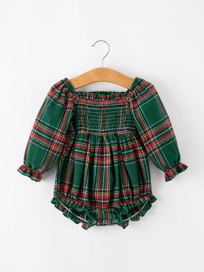 Christmas Plaid Smocked Bubble Romper with Ruffle Detail