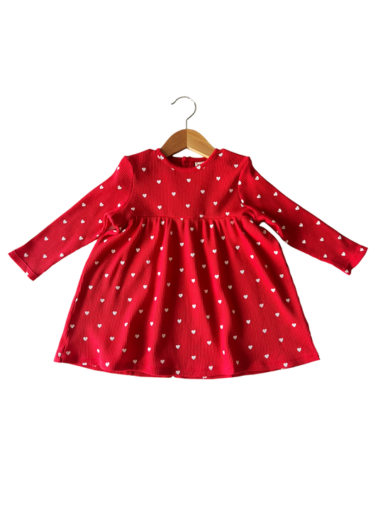 Organic Waffle Simple Dress, Little White Heart on Red