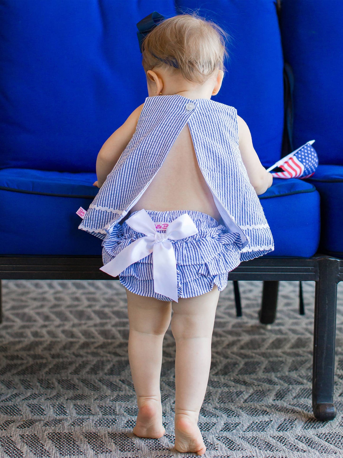 Blue Seersucker Ric Rac Swing Top & Bloomer Set