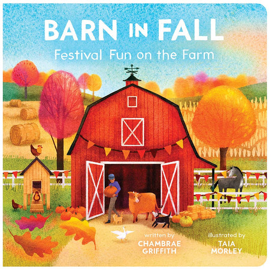 Front cover of the Cottage Door Press Barn in Fall Festival Fun on the Farm board book with a red barn and autumn trees