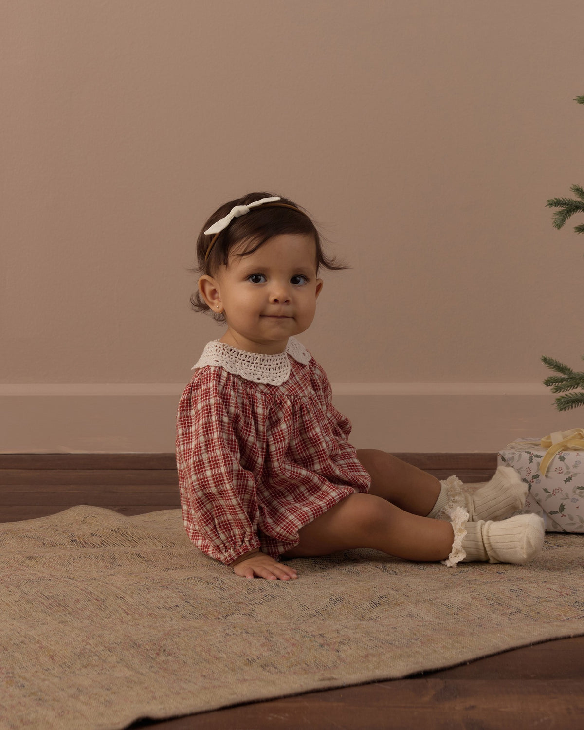 Rylee and Cru Heidi Romper in Vintage Plaid on model