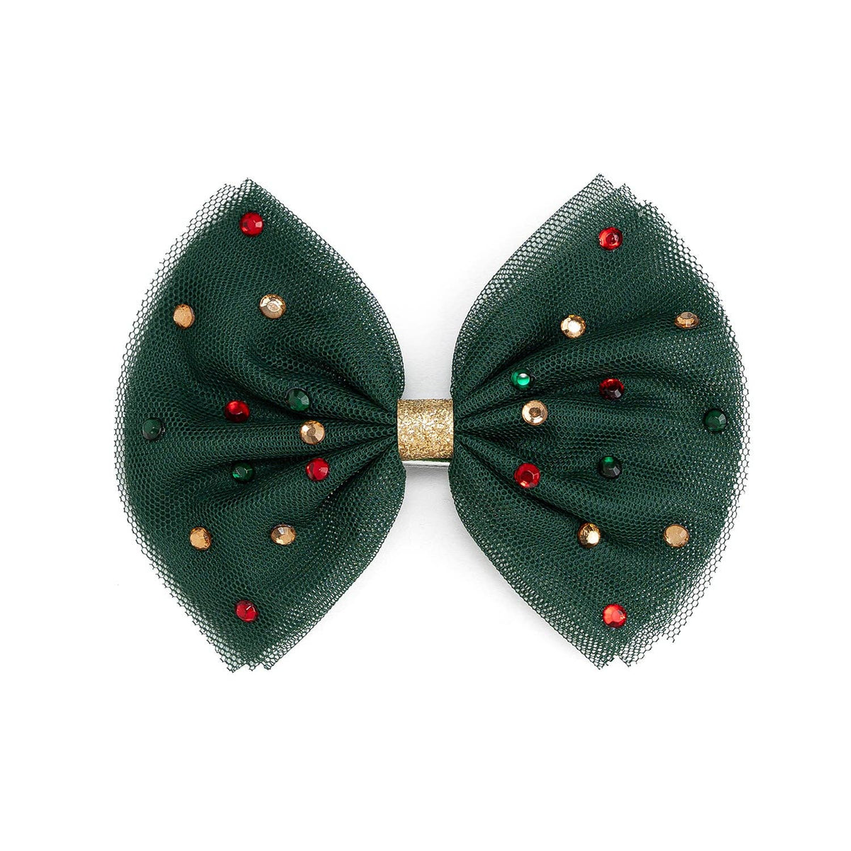 Emerald Rhinestone Christmas Tulle Bow Clip