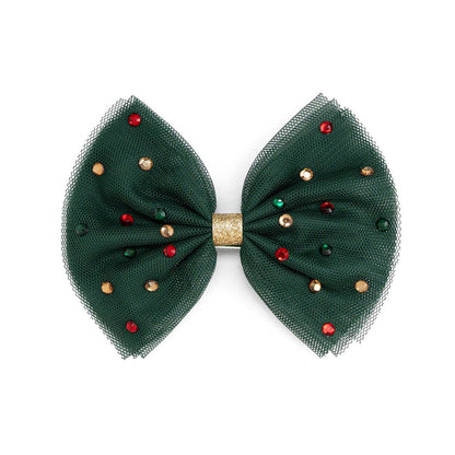 Emerald Rhinestone Christmas Tulle Bow Clip