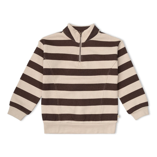 Makemake Organics Fleece Half Zip Sweatshirt in Mocha Stripe