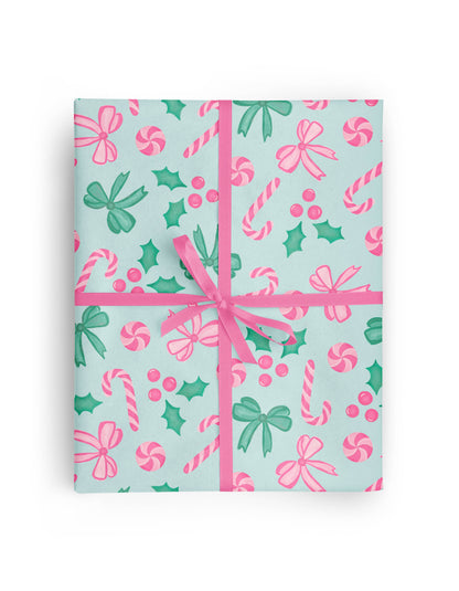 Christmas Candy Canes and Bows Pink Mint Wrapping Paper Roll