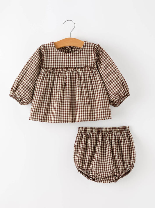 Puff Sleeve Gingham Romper + Bloomer Set