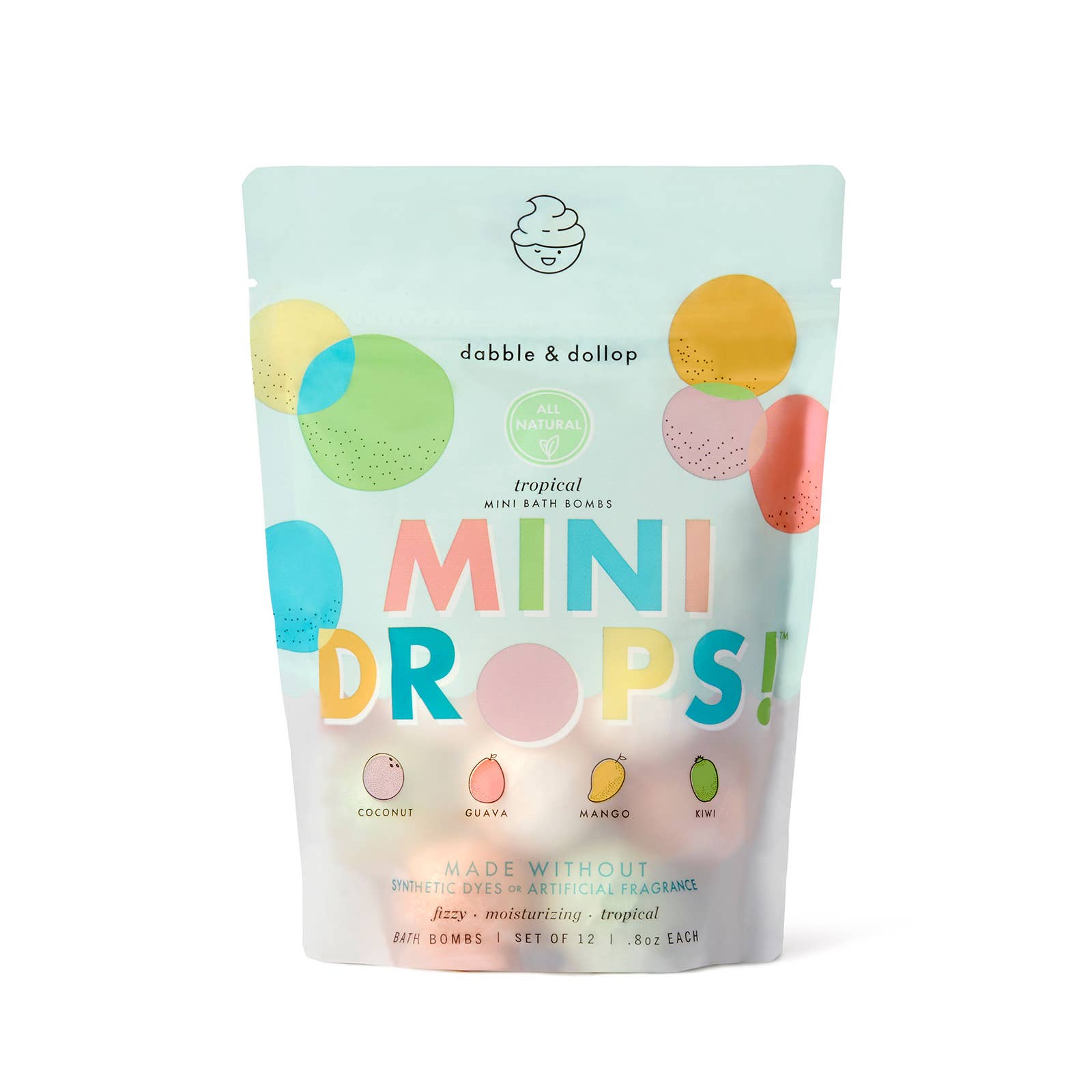 Packaging of dabble & dallop tropical scents mini bath bombs on a white background