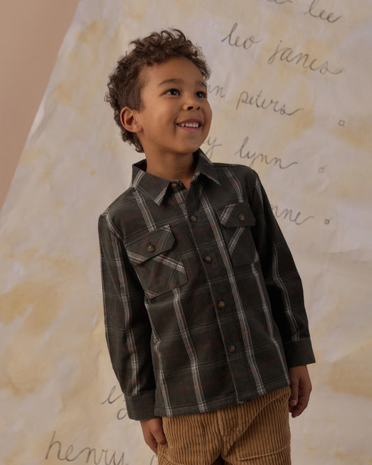 Rylee and Cru Pocketed Flannel in Holiday Plaid on model