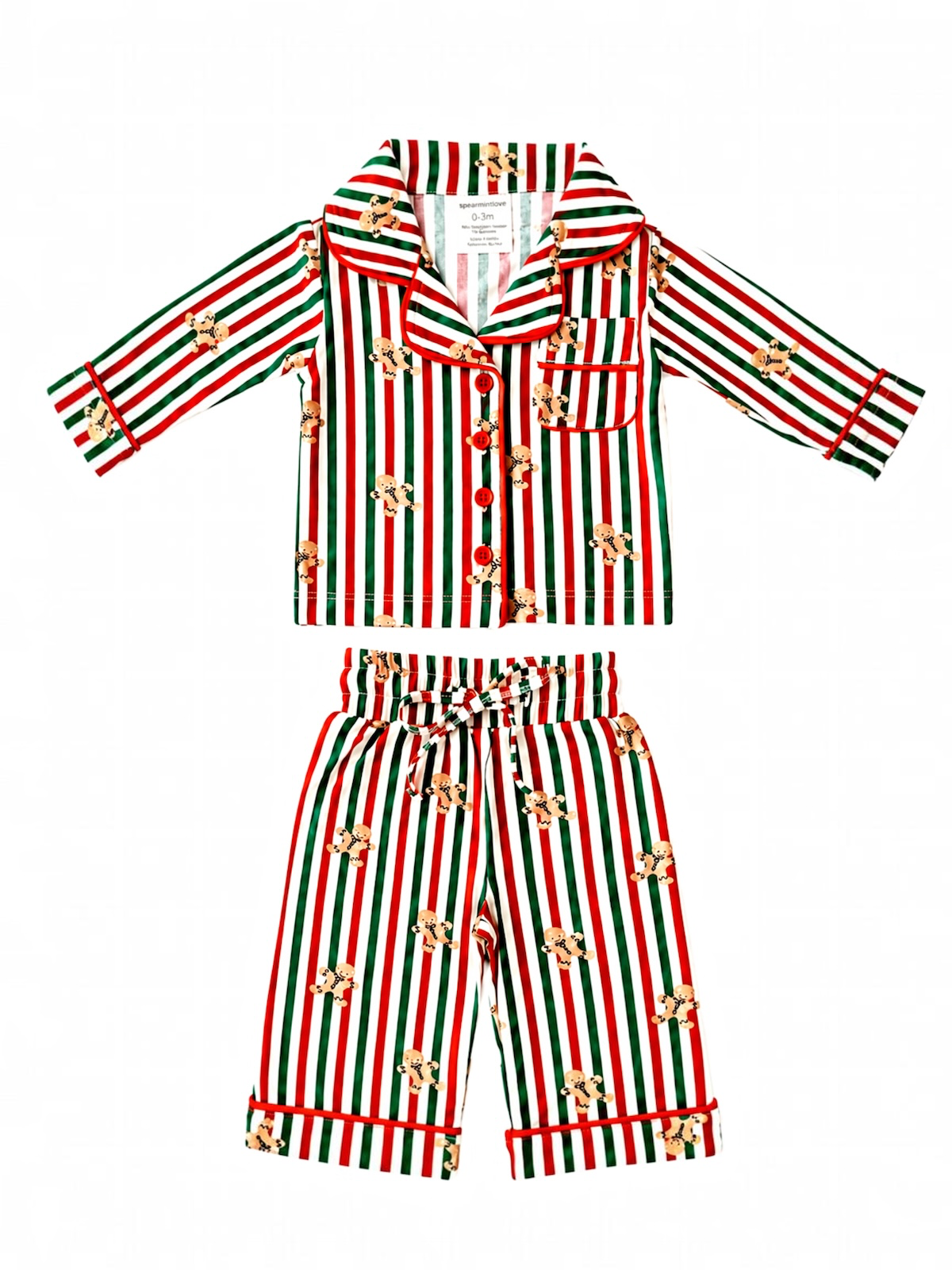 Flat lay of the SpearmintLOVE Gingerbread Lane lounge set with candy-stripe collared top and pants