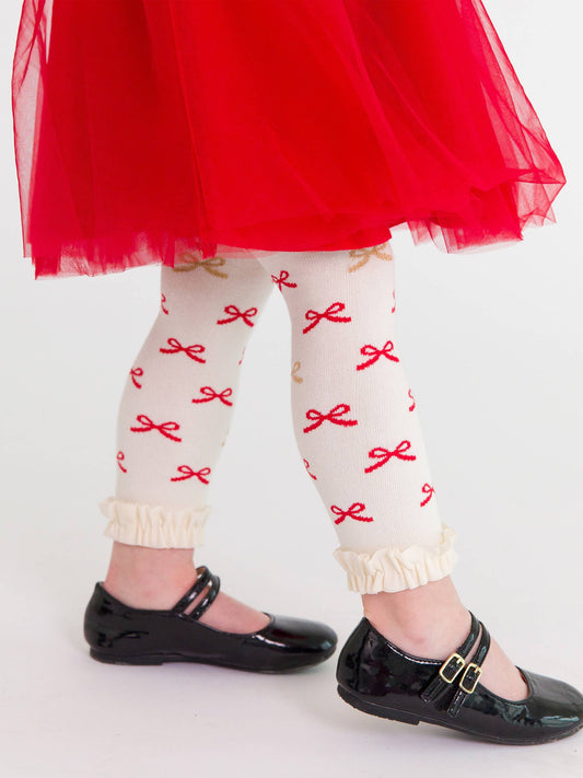 Red Sparkle Bow Ribbon Patterned Footless Ruffle Tights