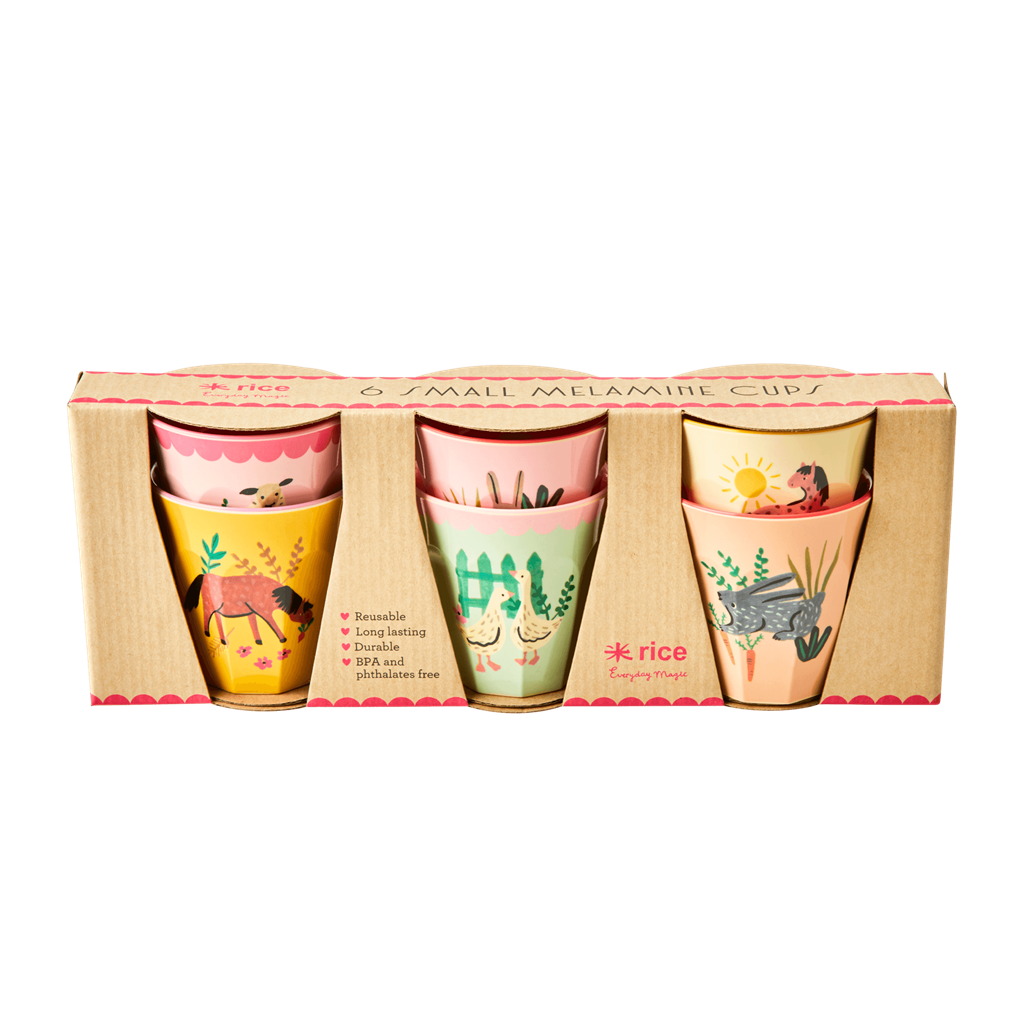 Melamine Kids Cups in Pink Farm Prints - Small - 6 pcs. in Gift Box
