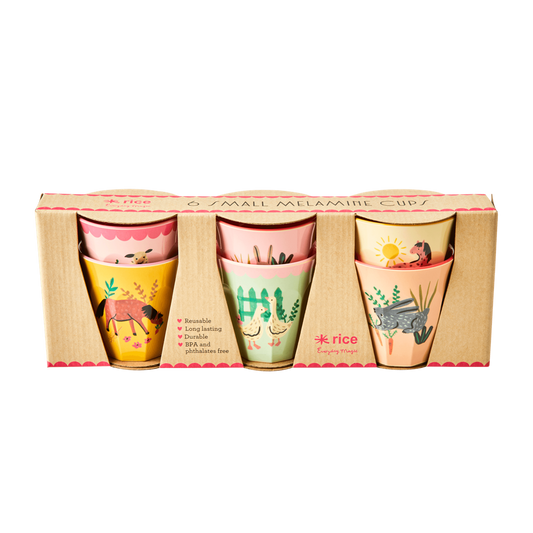 Melamine Kids Cups in Pink Farm Prints - Small - 6 pcs. in Gift Box