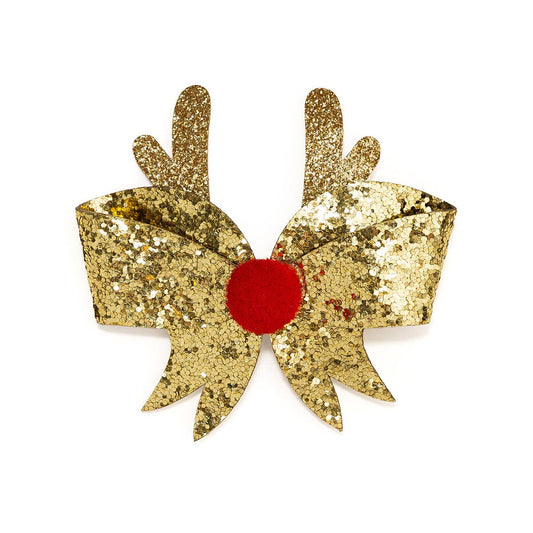 Gold glitter hair bow with red pom-pom accent and gold glitter antlers