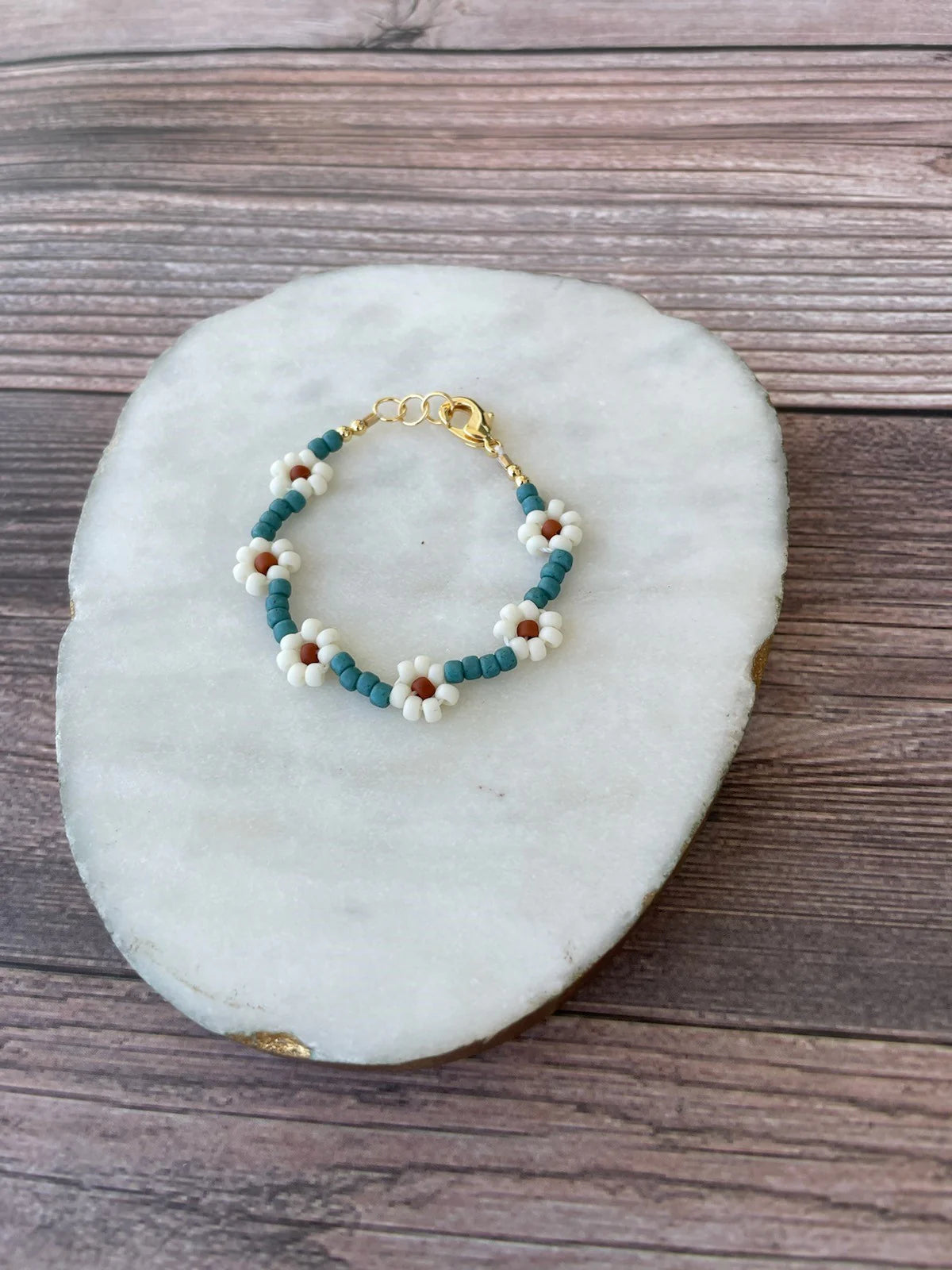 14K Gold Filled Floral Bracelet - Matte Teal + Ivory