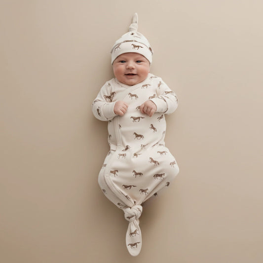 Organic Kimono Knotted Sleep Gown & Hat Set - Horses