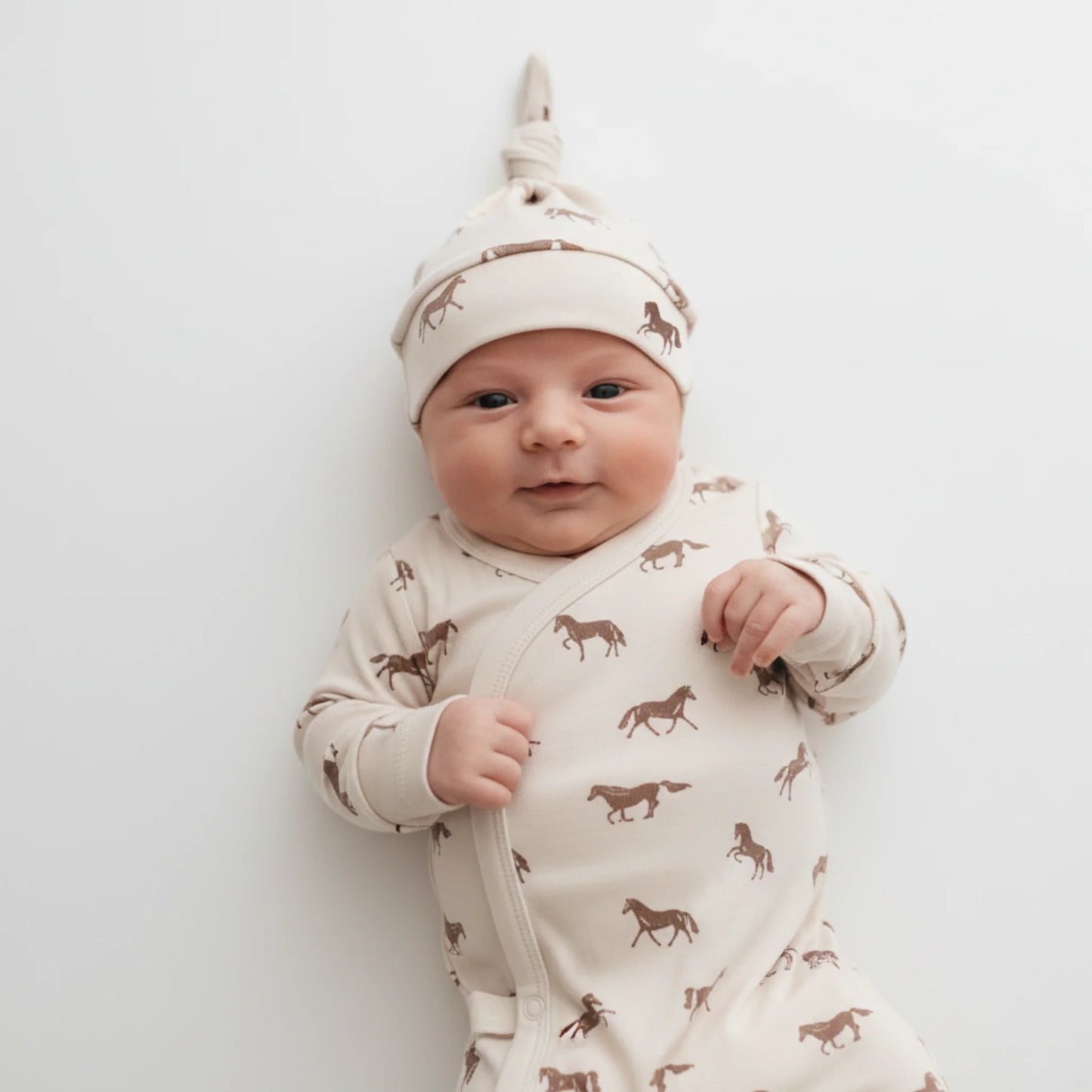 Organic Kimono Knotted Sleep Gown & Hat Set - Horses