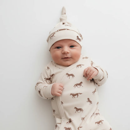 Organic Kimono Knotted Sleep Gown & Hat Set - Horses