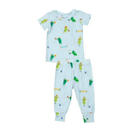 Pickleball two piece bamboo loungewear set. Blue short sleeve shirt and pants set with green pickles playing pickleball. 