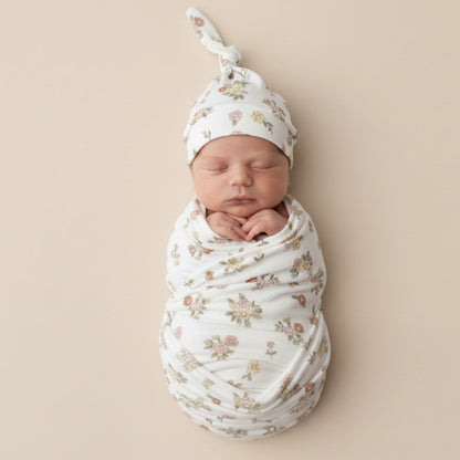 Organic Swaddle Blanket & Hat Set - Meadow