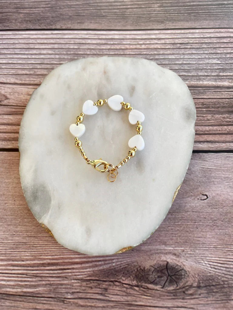 14K Gold Filled Bracelet - White Shell Hearts