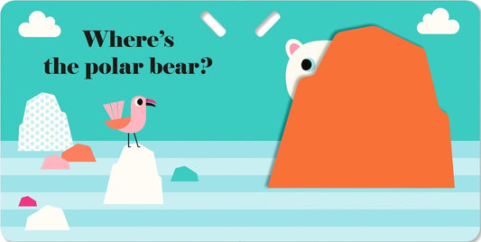 Inside spread of Where's Santa Claus? stroller book with a Where's the polar bear? page and an orange felt flap