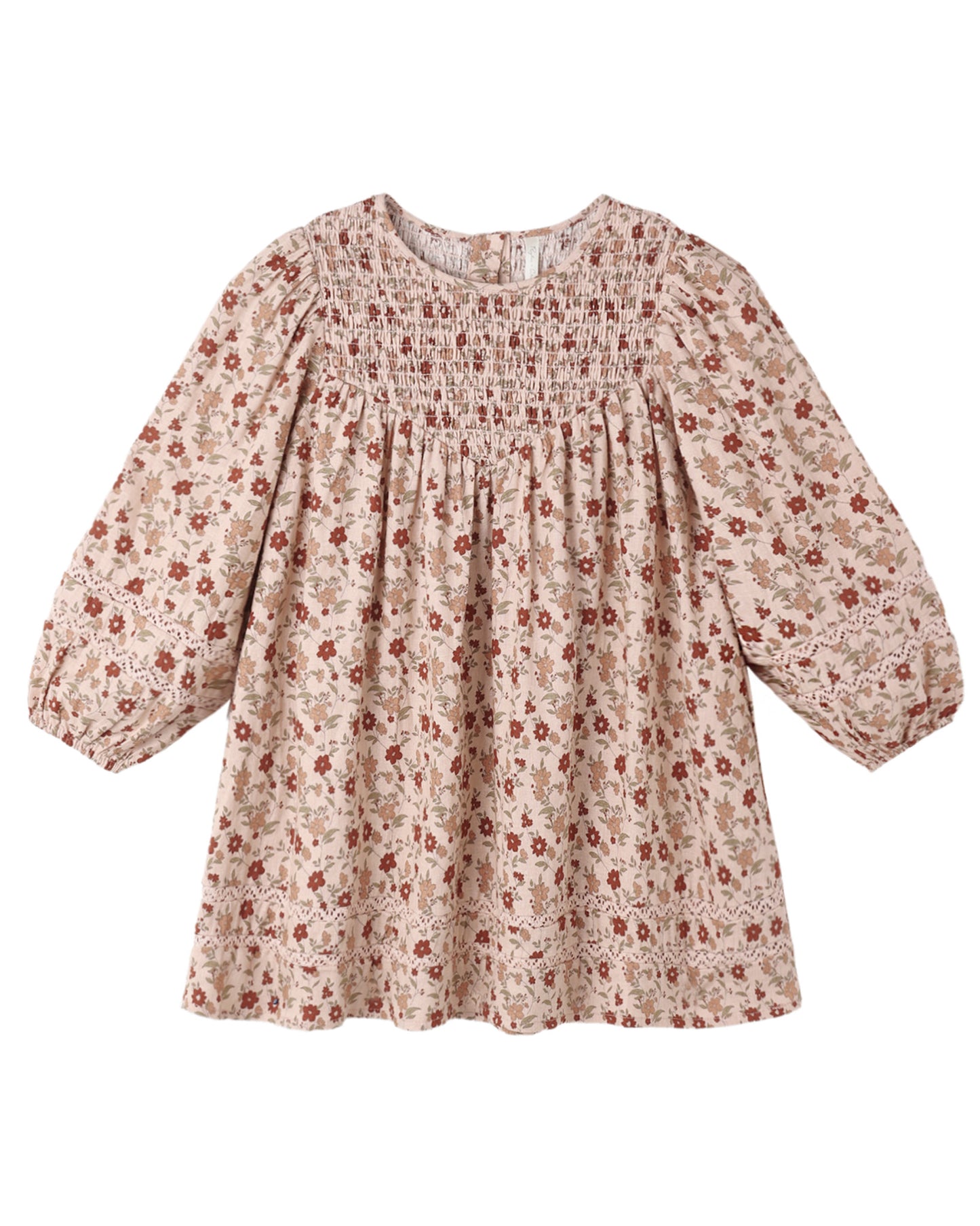 Rylee + Cru Selene dress in pink floral with a smocked bodice and long sleeves