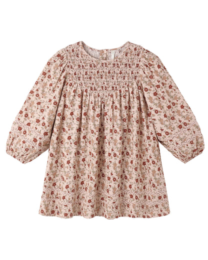 Rylee + Cru Selene dress in pink floral with a smocked bodice and long sleeves